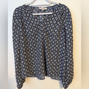 LOFT Navy and White Geometric Blouse